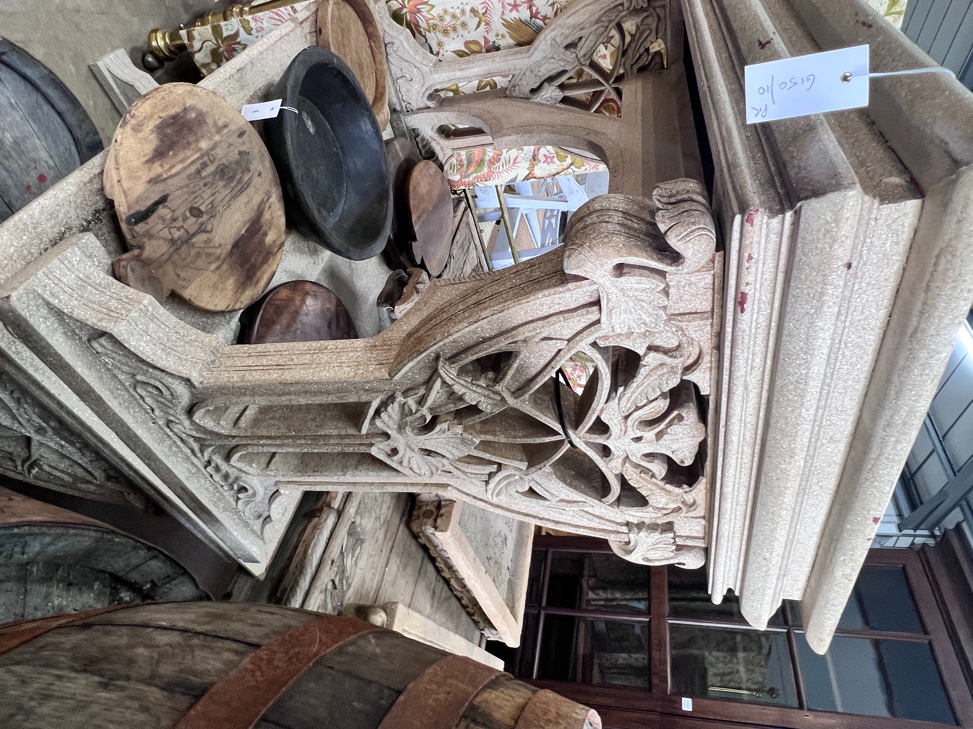 A pair of rectangular Gothic style composition faux stone console tables, width 122cm, depth 62cm, height 80cm